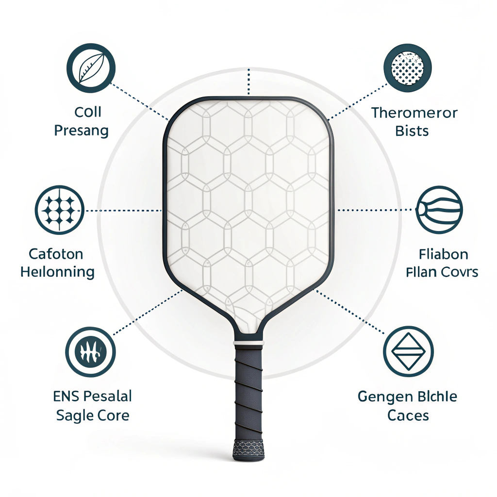 Minimalist 2D illustration showcasing production techniques for a pickleball paddle.
