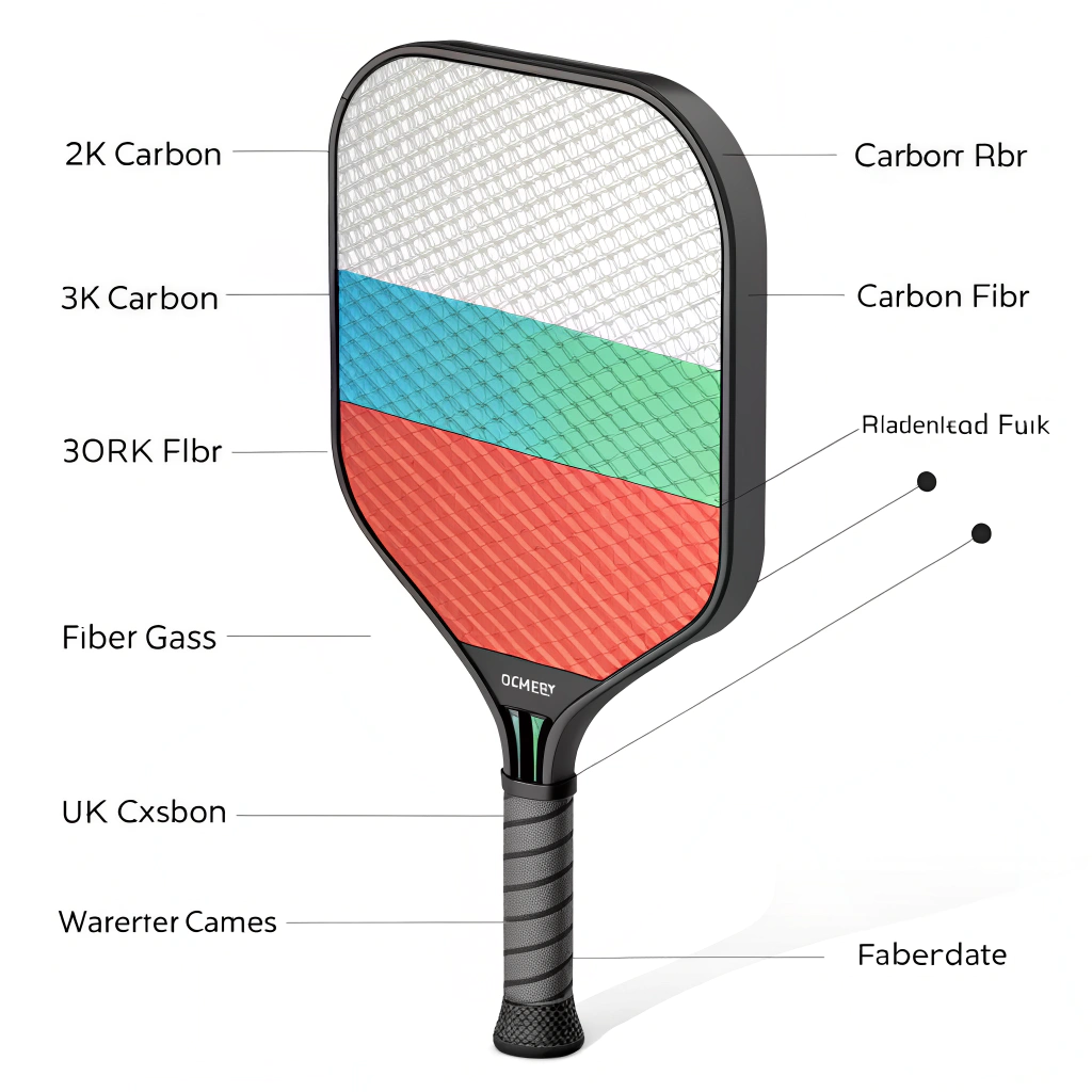 Minimalist 2D illustration showcasing layered composite materials in a pickleball paddle for enhanced spin