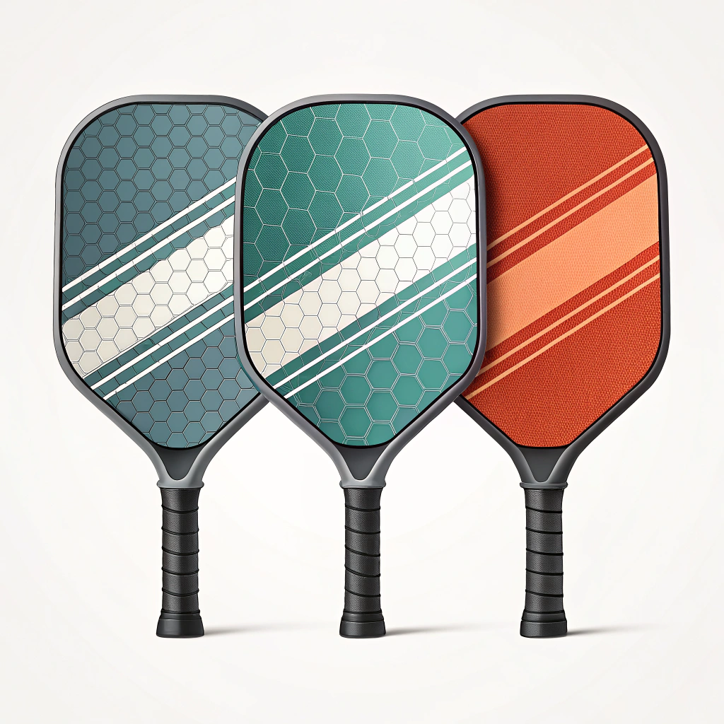A 2D minimalist digital illustration of abstract pickleball paddles with distinct material textures for beginners.