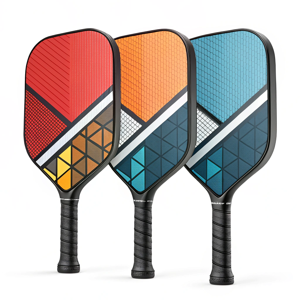 Minimalist 2D illustration of tech-inspired pickleball paddle lineup