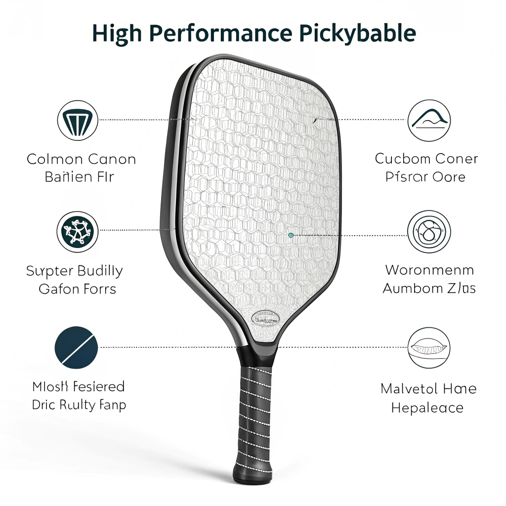 Minimalist depiction of an advanced pickleball paddle with layered carbon fiber and honeycomb core design