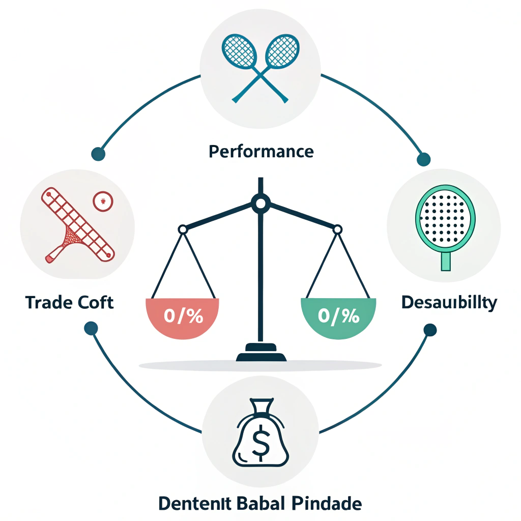 Minimalist 2D infographic with abstract icons showing trade-offs in paddle performance and customization.