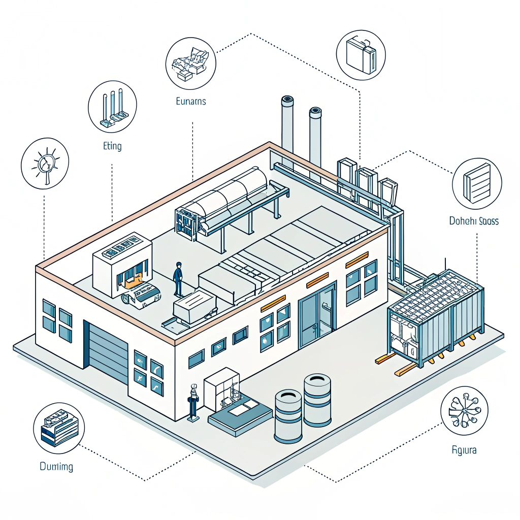 Minimalist 2D illustration of a high-tech factory with abstract material symbols.