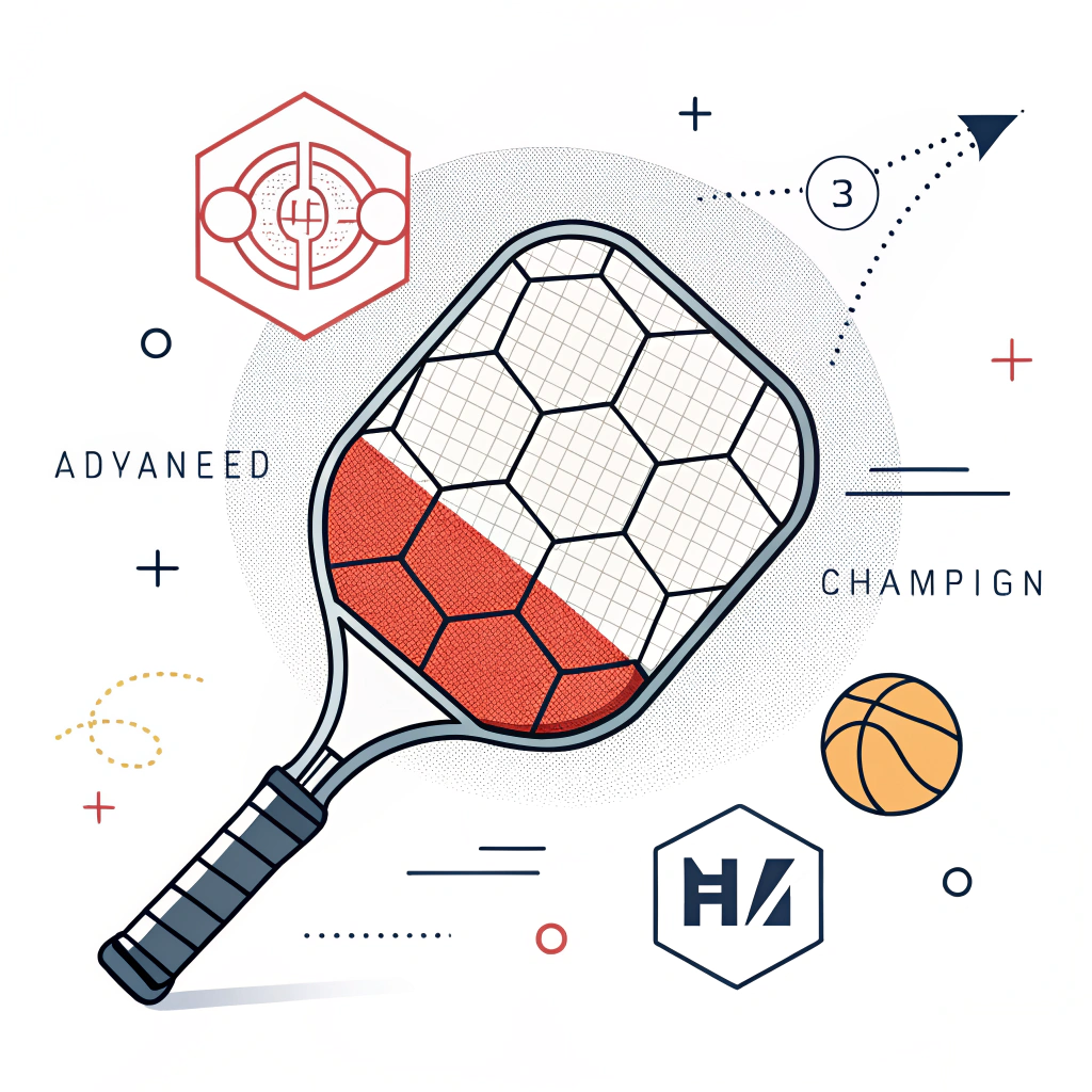 Minimal flat illustration of an advanced pickleball paddle with abstract athletic motion details.