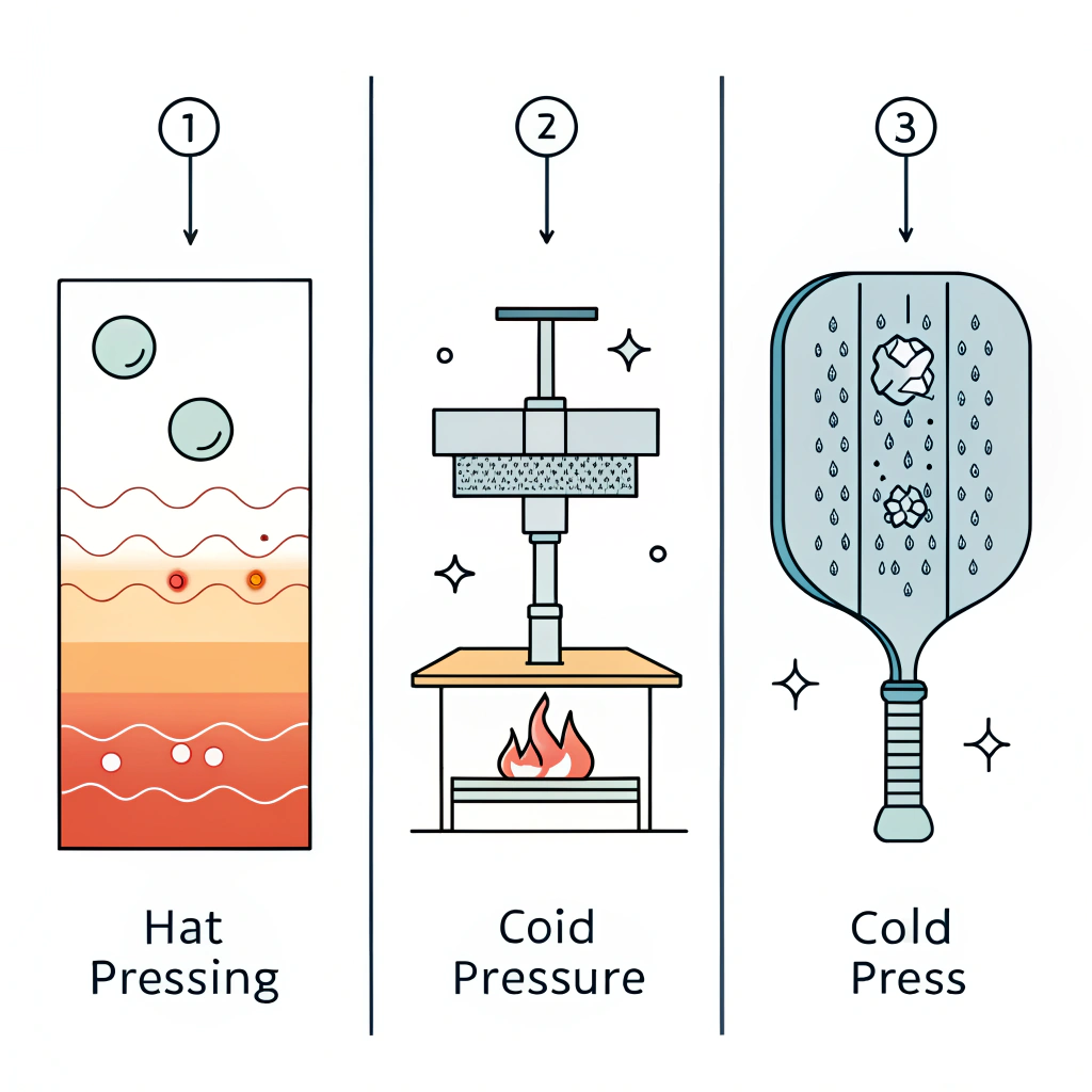 Three-panel minimalistic illustration showing hot pressing, cold pressing, and thermoforming processes