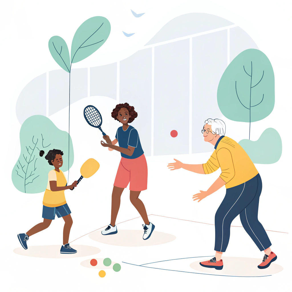 Minimalist 2D illustration of a diverse group playing pickleball in a friendly atmosphere