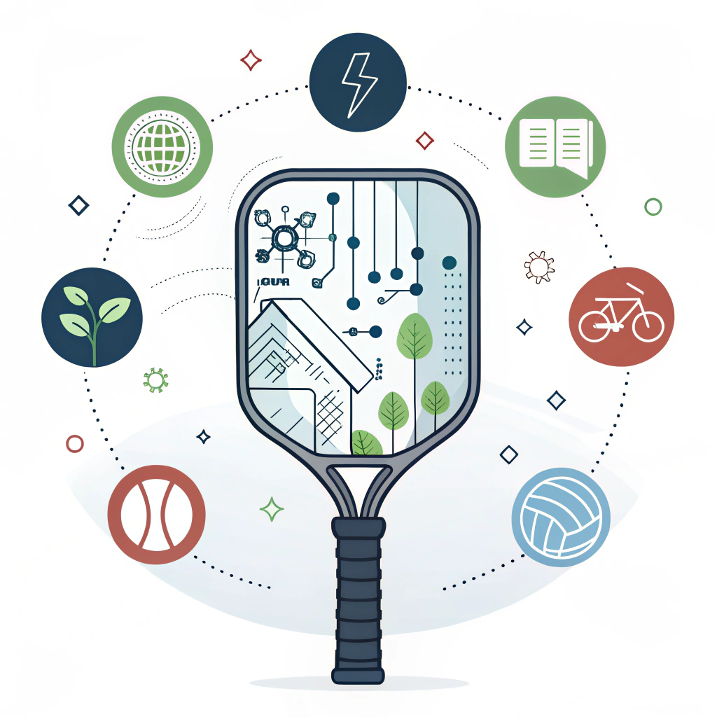 Futuristic illustration of a smart, eco-friendly pickleball paddle with digital sensor elements