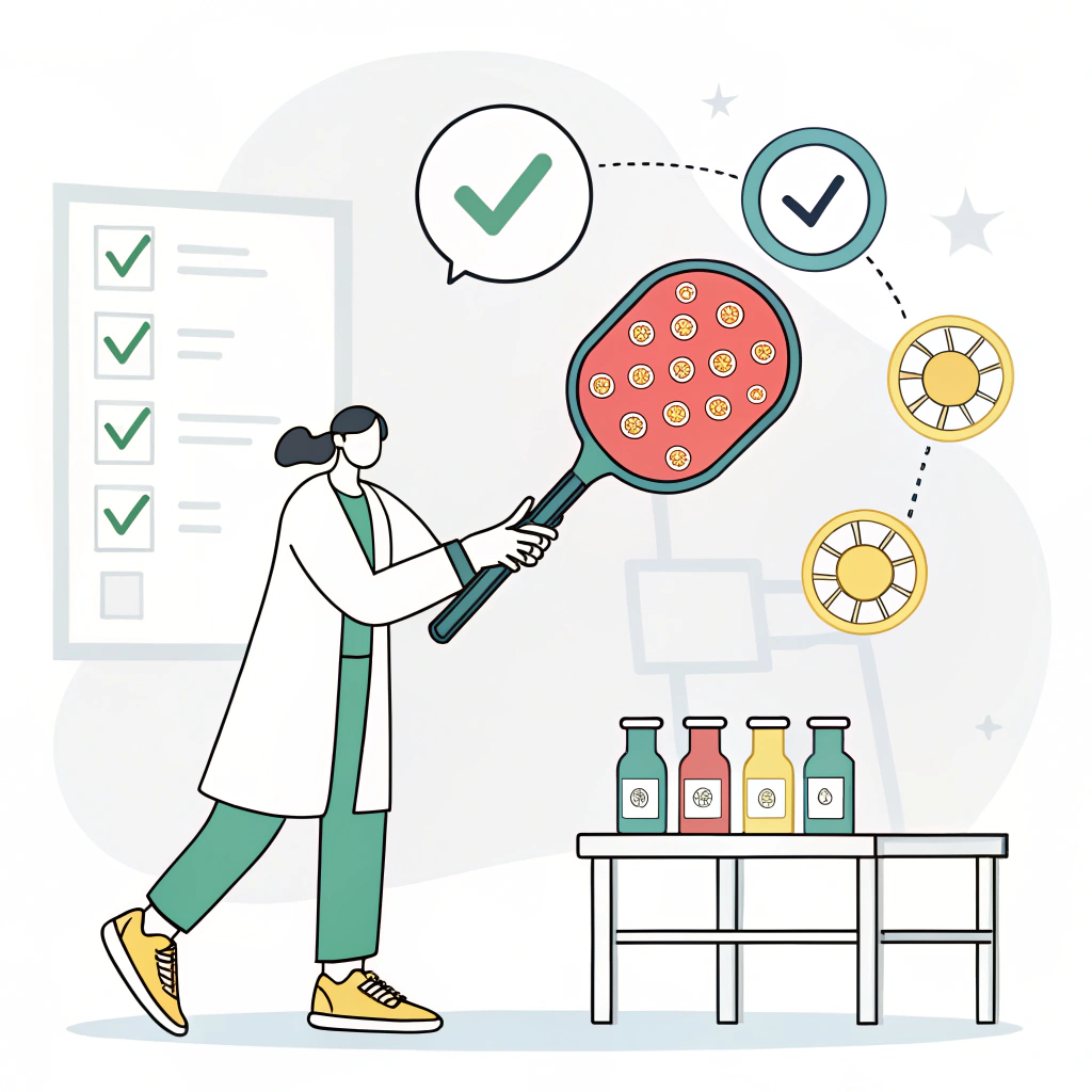 Minimalistic illustration of quality testing and inspection for pickleball paddles in a 2D style