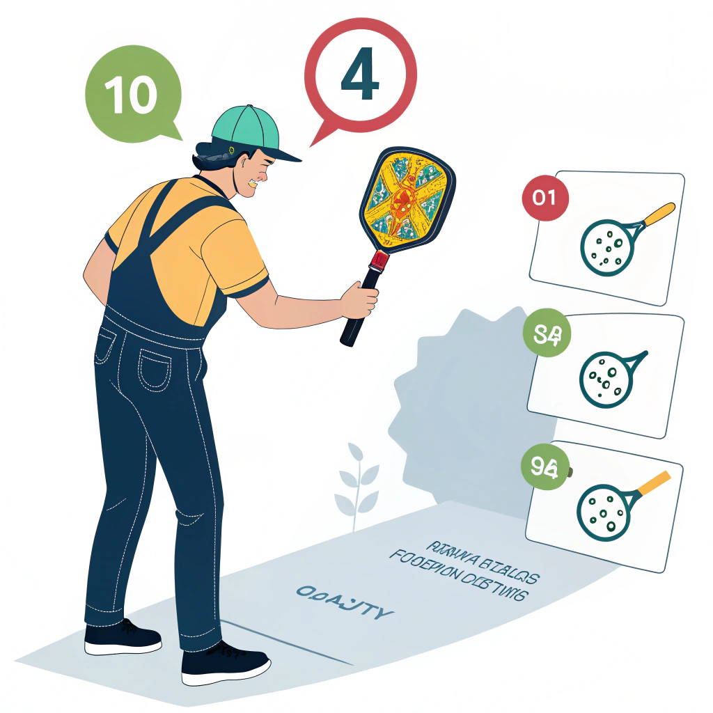 Minimalistic illustration of a technician inspecting a DTF printed pickleball paddle.