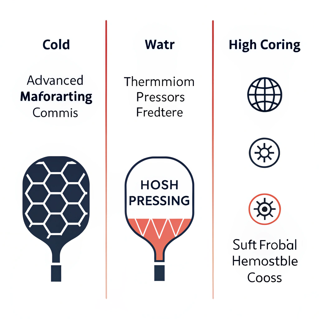 Minimalist abstract 2D illustration of three industrial production methods for pickleball paddles.