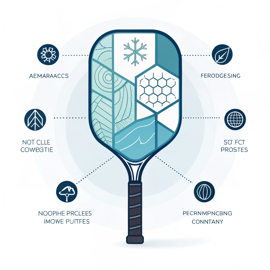 Minimal illustration of a modern pickleball paddle with layered composite details and abstract process symbols.