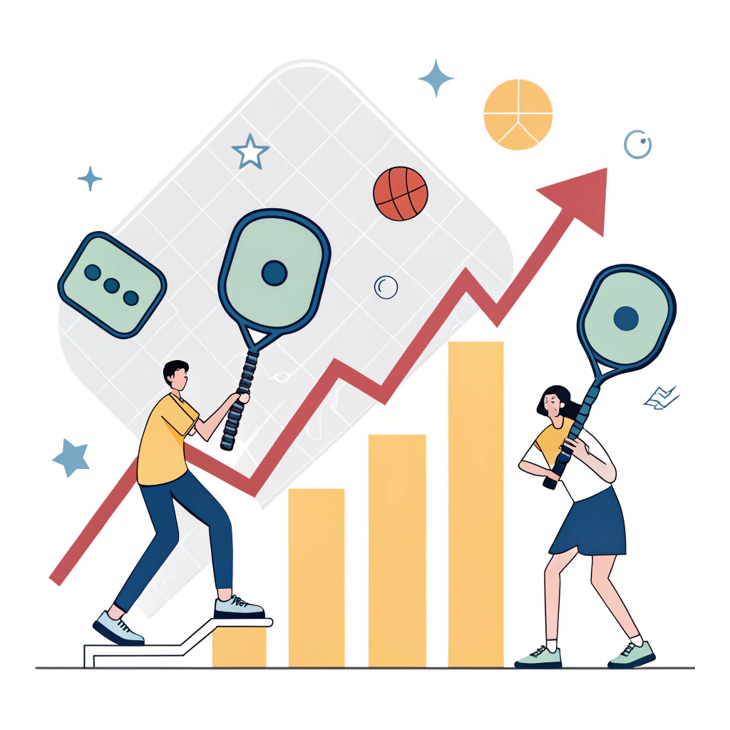 Abstract flat design showing pickleball paddles and upward market trend arrows in a minimalist style