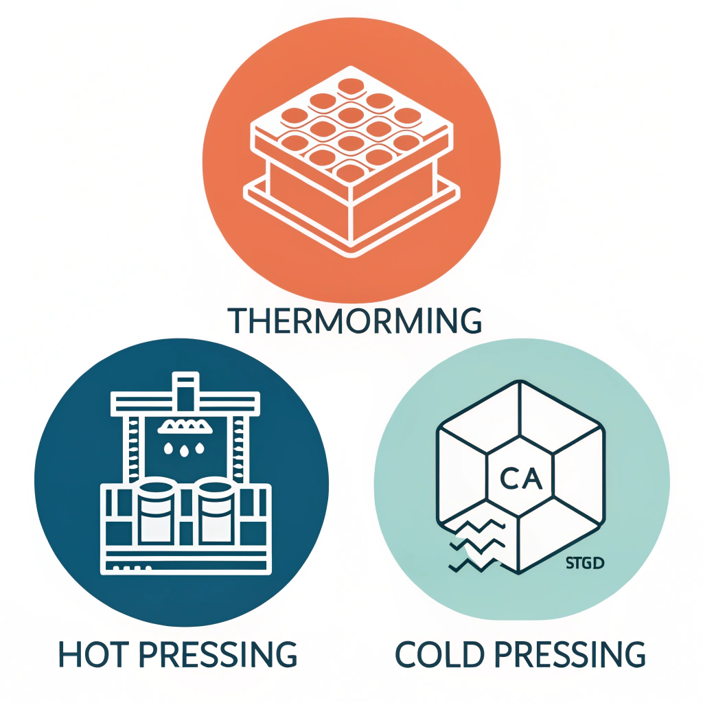 Three minimalist icons depicting different paddle production techniques in a clean layout