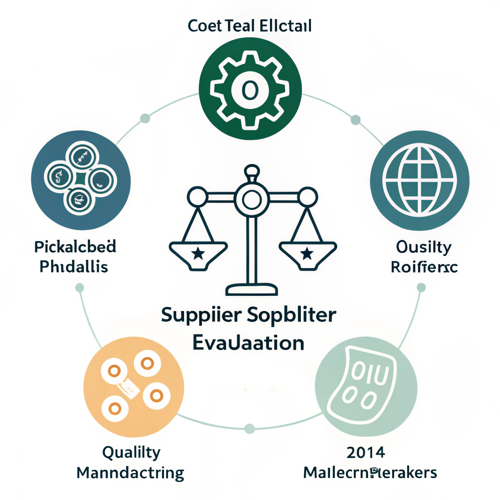 Minimal flat illustration depicting supplier evaluation with balanced scales, abstract gears, and quality icons