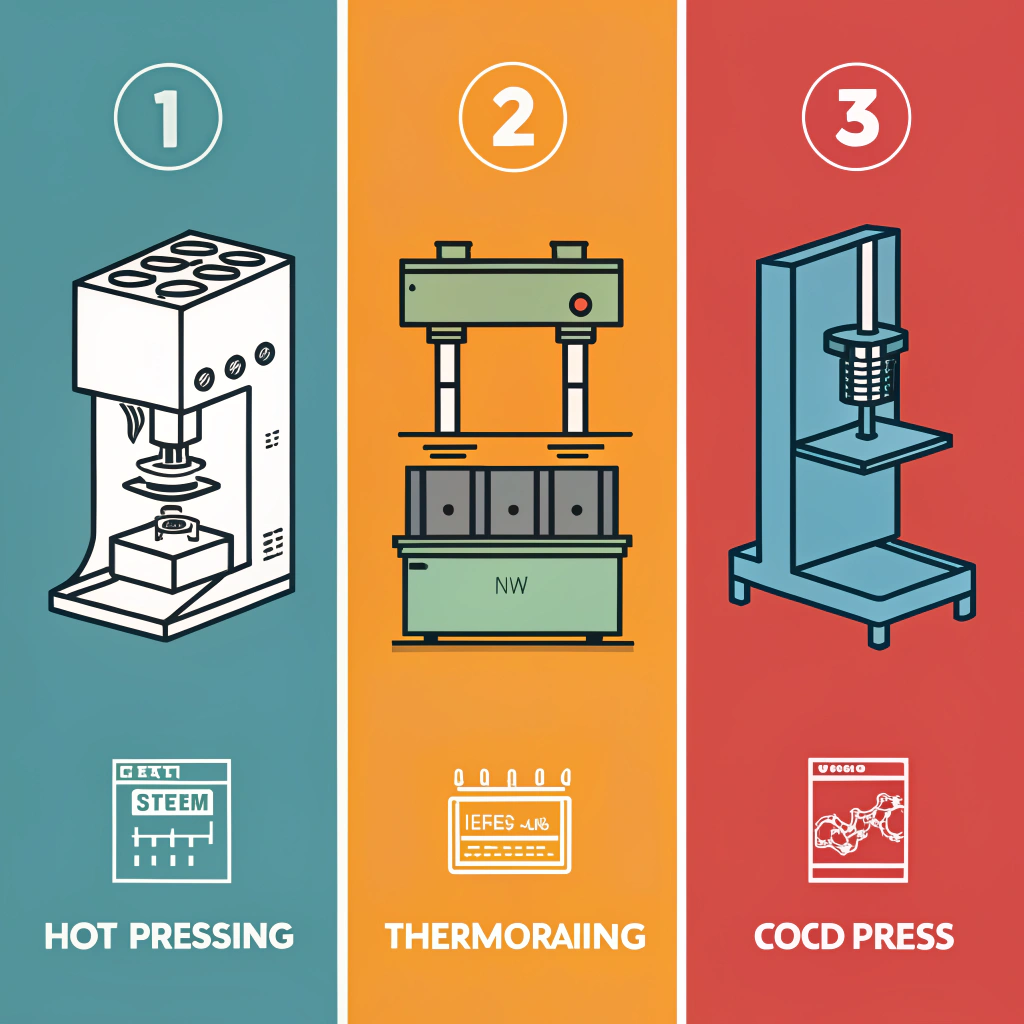 Minimalistic 2D split-panel showing hot pressing, cold pressing, and thermoforming processes.