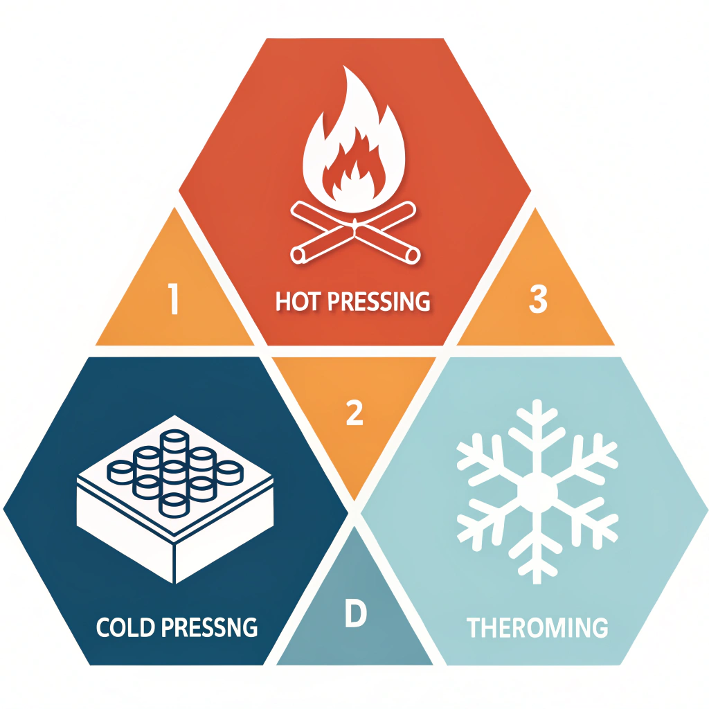 Simplified 2D illustration depicting three manufacturing techniques side by side