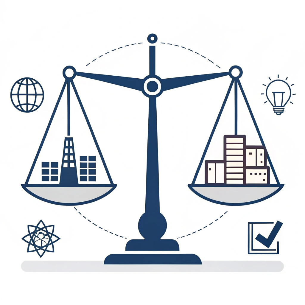 Minimalist 2D illustration showing balance between performance and production choices.