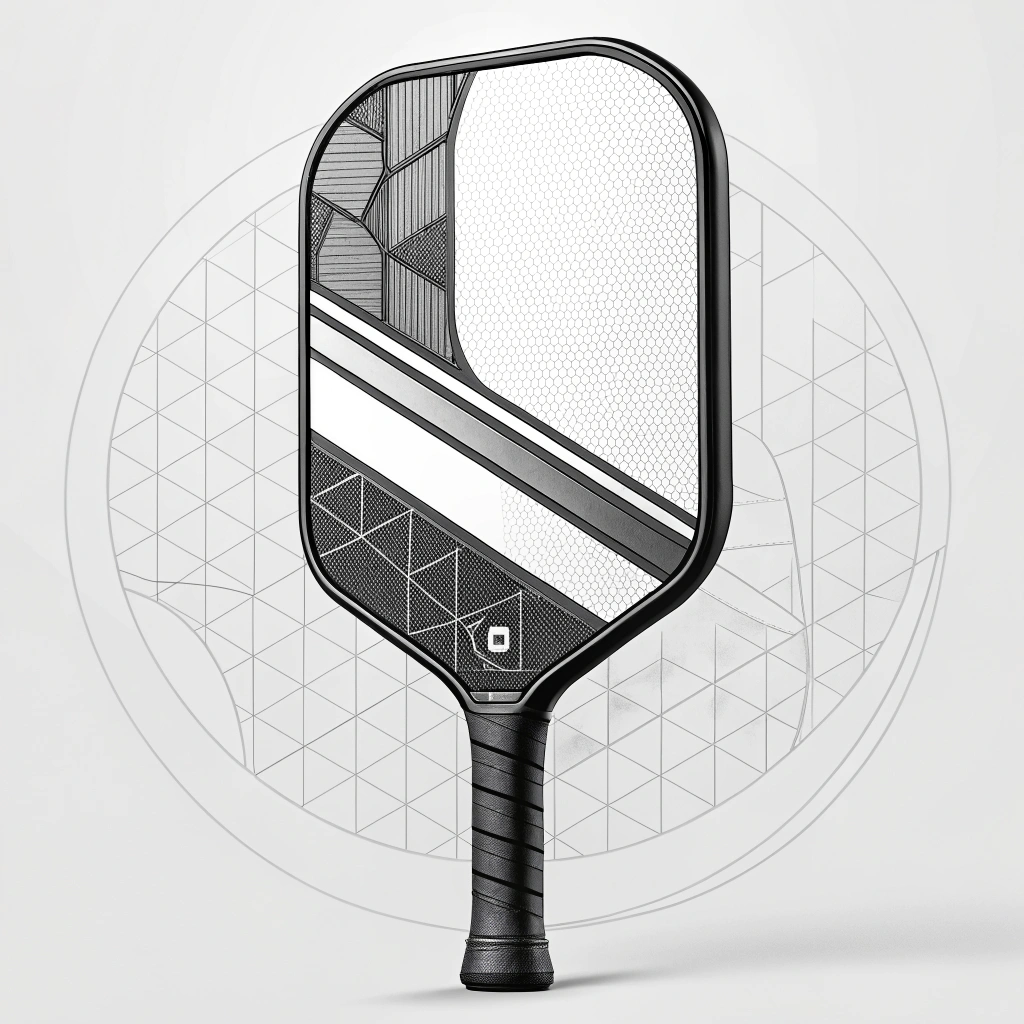 Minimalist 2D illustration of an advanced pickleball paddle with layered composite textures.
