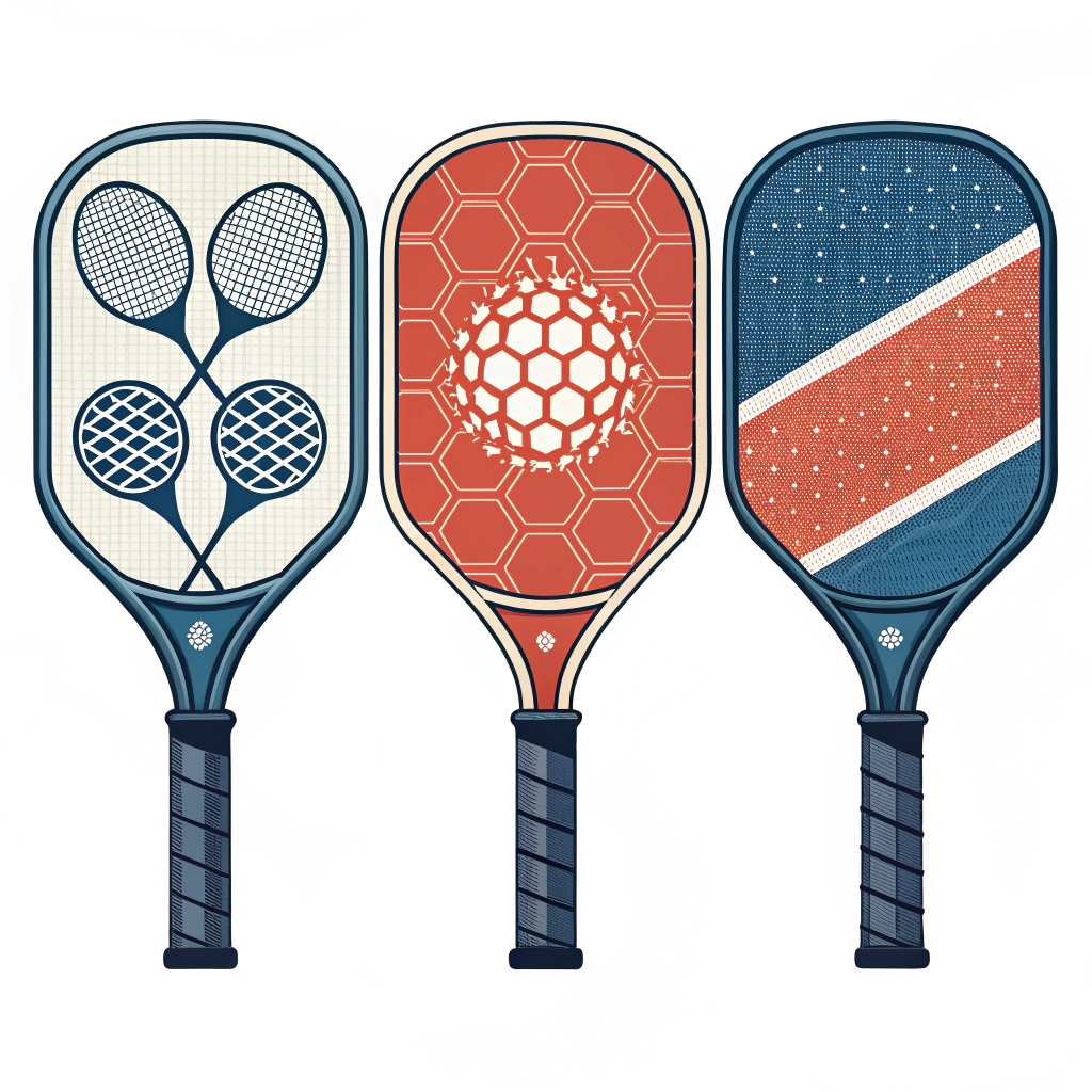 Clean minimalist 2D illustration of three modern pickleball paddles highlighting innovative composite textures.