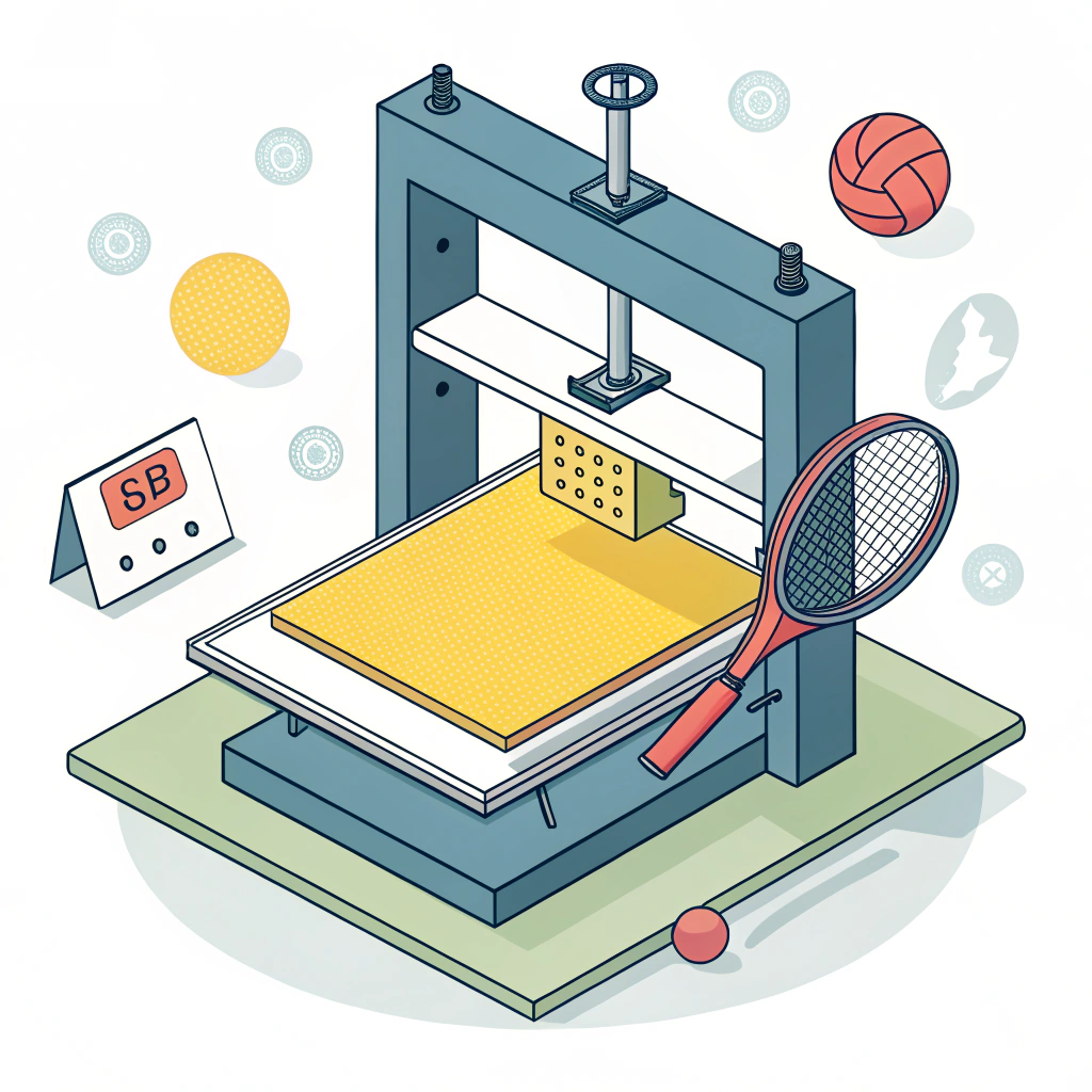 Flat minimalist illustration of a thermoforming press shaping Kevlar for high-performance sports equipment