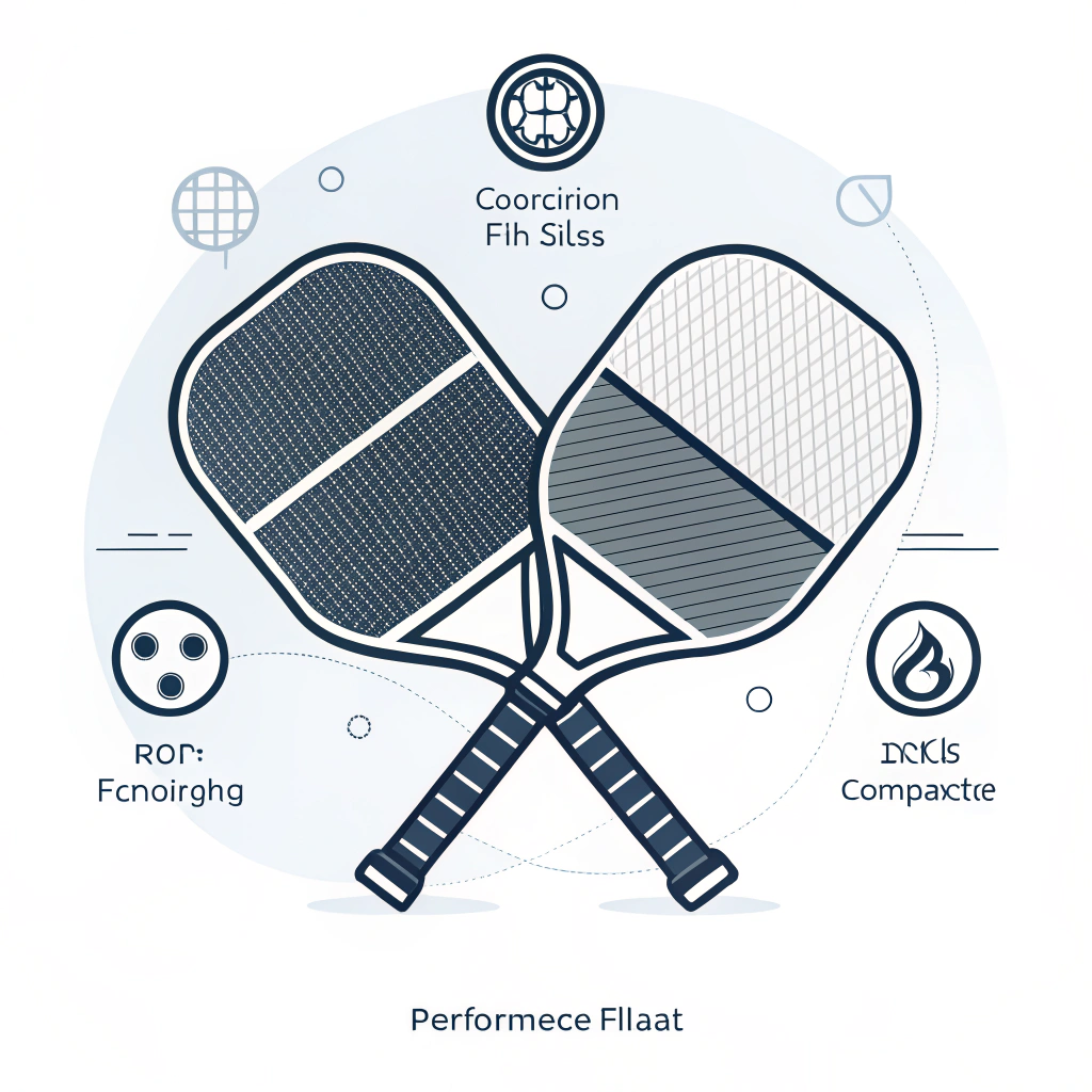 Minimalist illustration of a balanced pickleball paddle with abstract material icons.