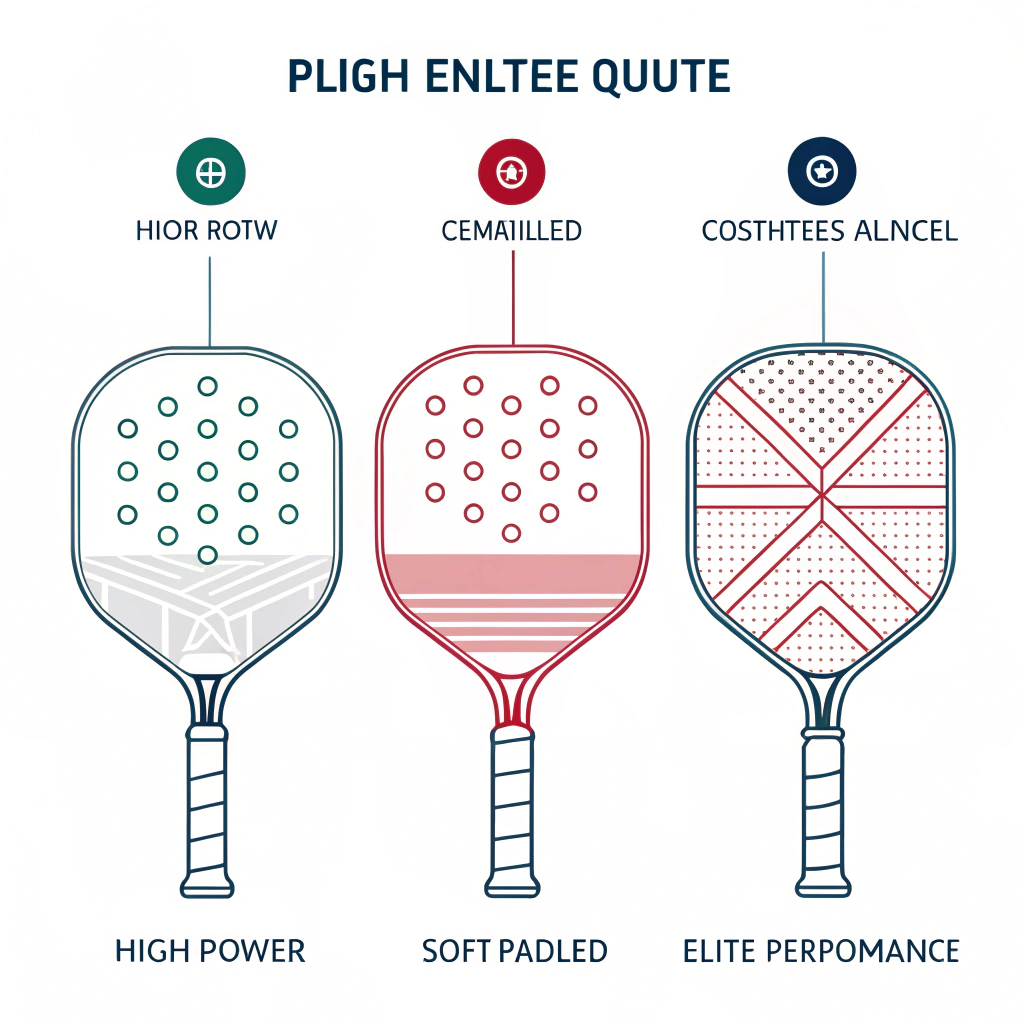Minimal 2D illustration showing three distinct pickleball paddle designs for performance comparison