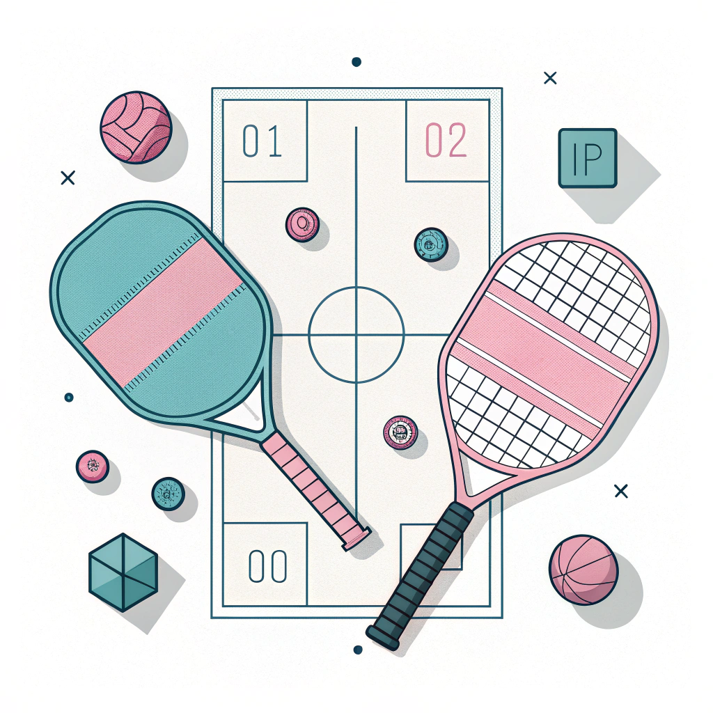 "Minimalist illustration of customized pickleball paddle and badminton racket display"