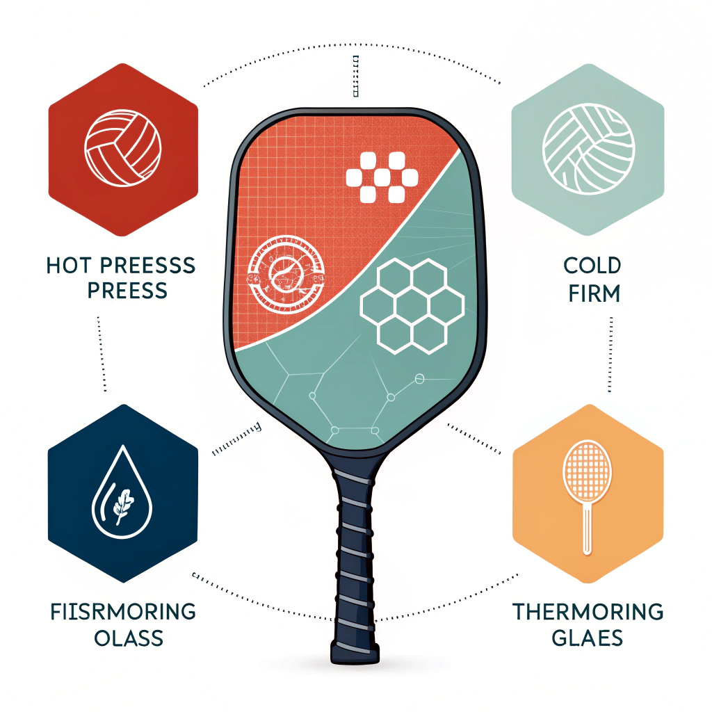 Minimal flat design illustration showcasing technical pickleball paddle manufacturing processes and material quality.