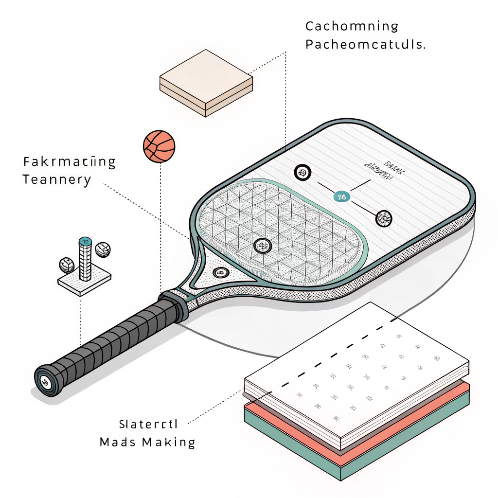2D minimalist illustration of a pickleball paddle manufacturing process with abstract industrial elements