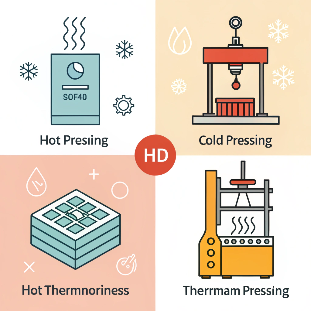 Minimalist vector art of hot pressing, cold pressing, and thermoforming processes.