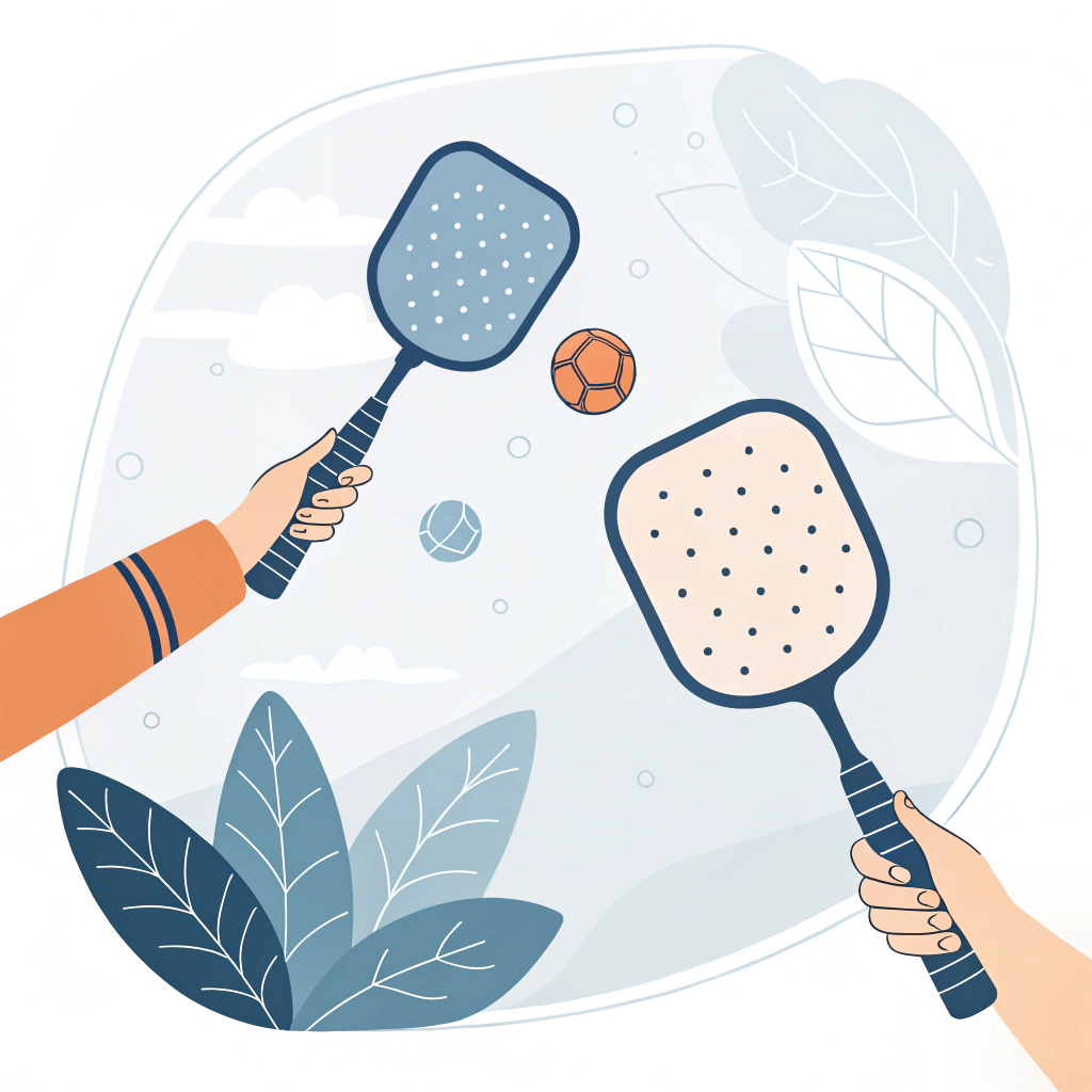 Minimalist 2D illustration of pickleball paddle grips and ergonomic design elements.