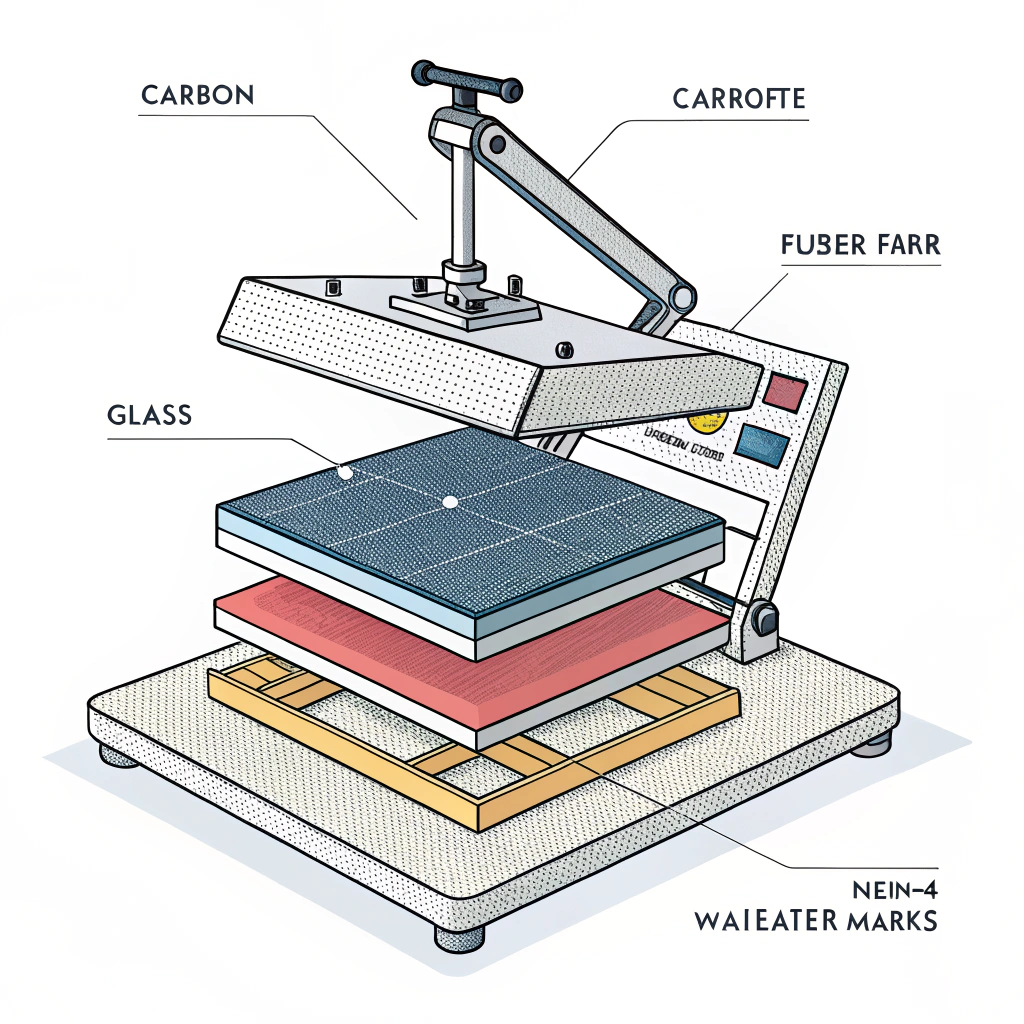 Minimalist 2D illustration of a heat press merging layered composite materials for paddle manufacturing