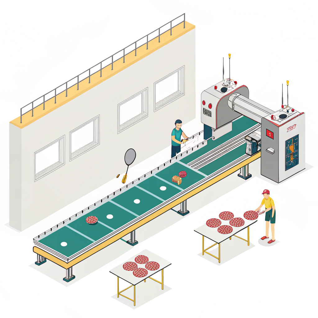 Minimalistic 2D illustration of a Chinese manufacturing facility producing custom pickleball paddles.