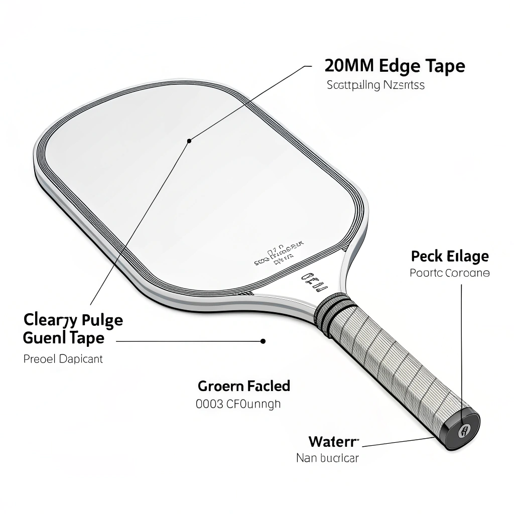 Minimalist 2D illustration of a pickleball paddle with a highlighted protective edge guard tape.