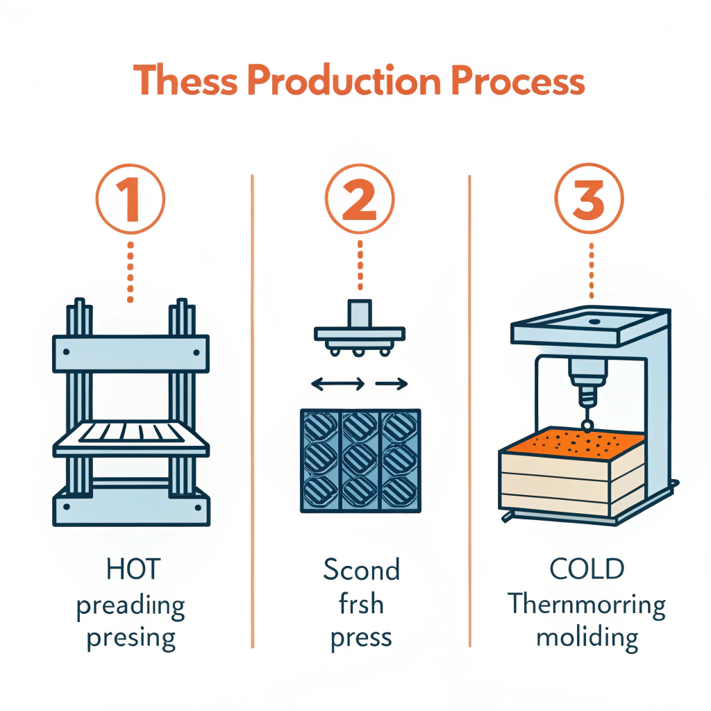 Flat style illustration of hot pressing, cold pressing, and thermoforming processes