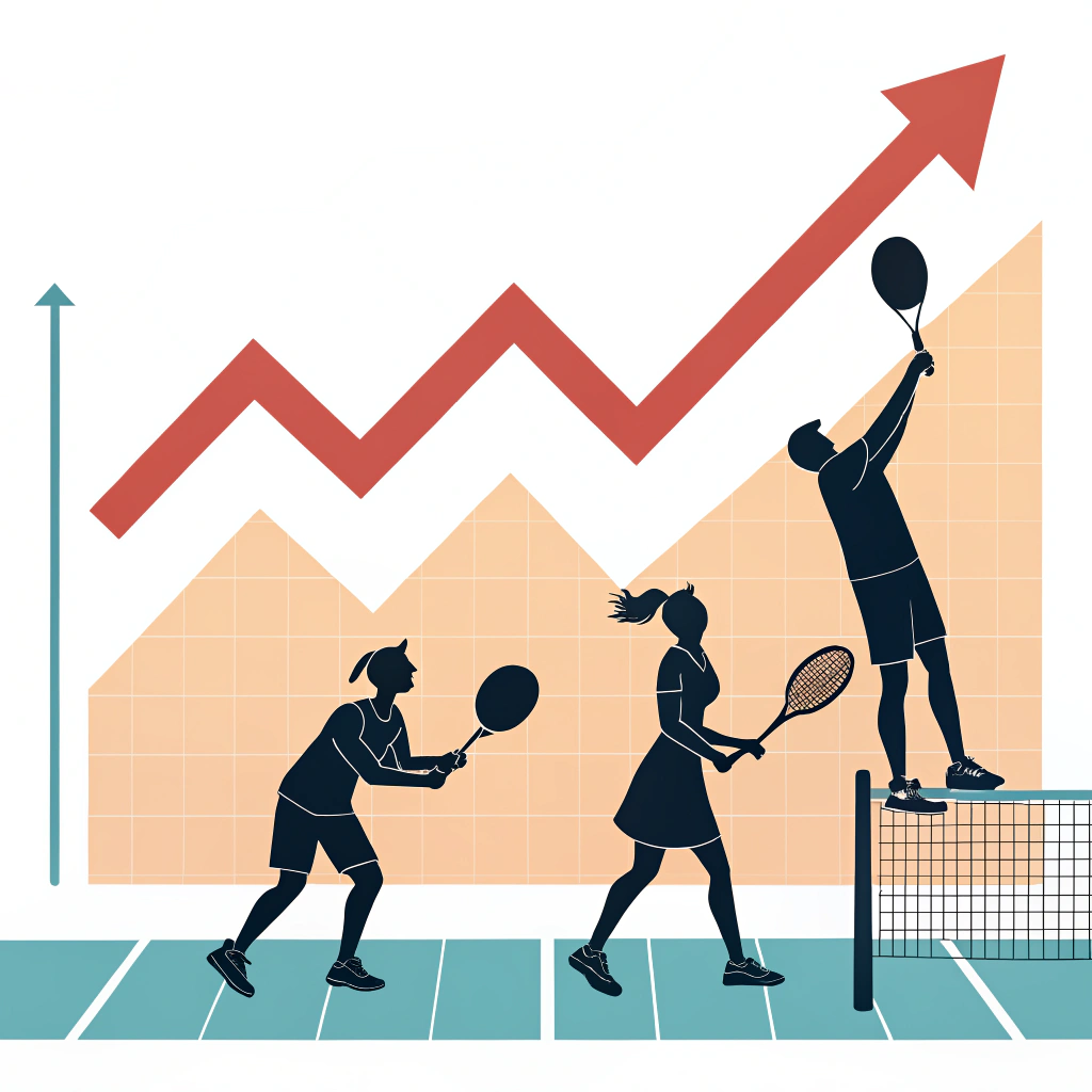 "Minimal illustration of pickleball players with an upward trending graph representing economic growth."