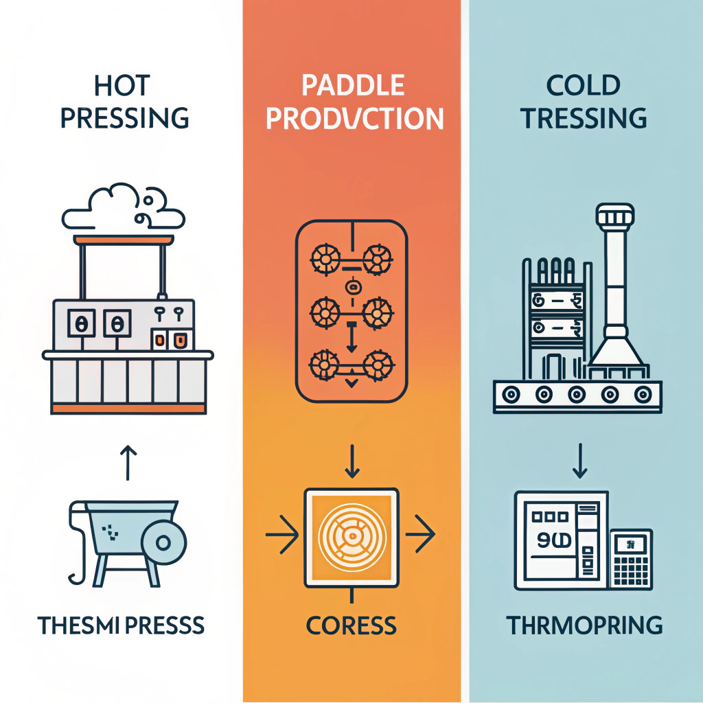 Minimal 2D illustration depicting three abstract icons for paddle manufacturing techniques