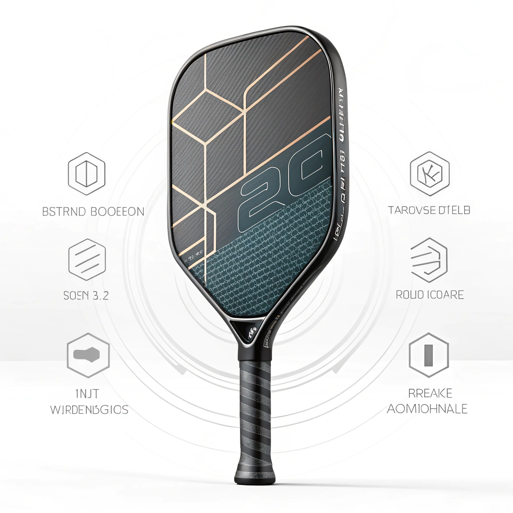 Minimal 2D illustration of a futuristic high-tech spin pickleball paddle with abstract design elements.