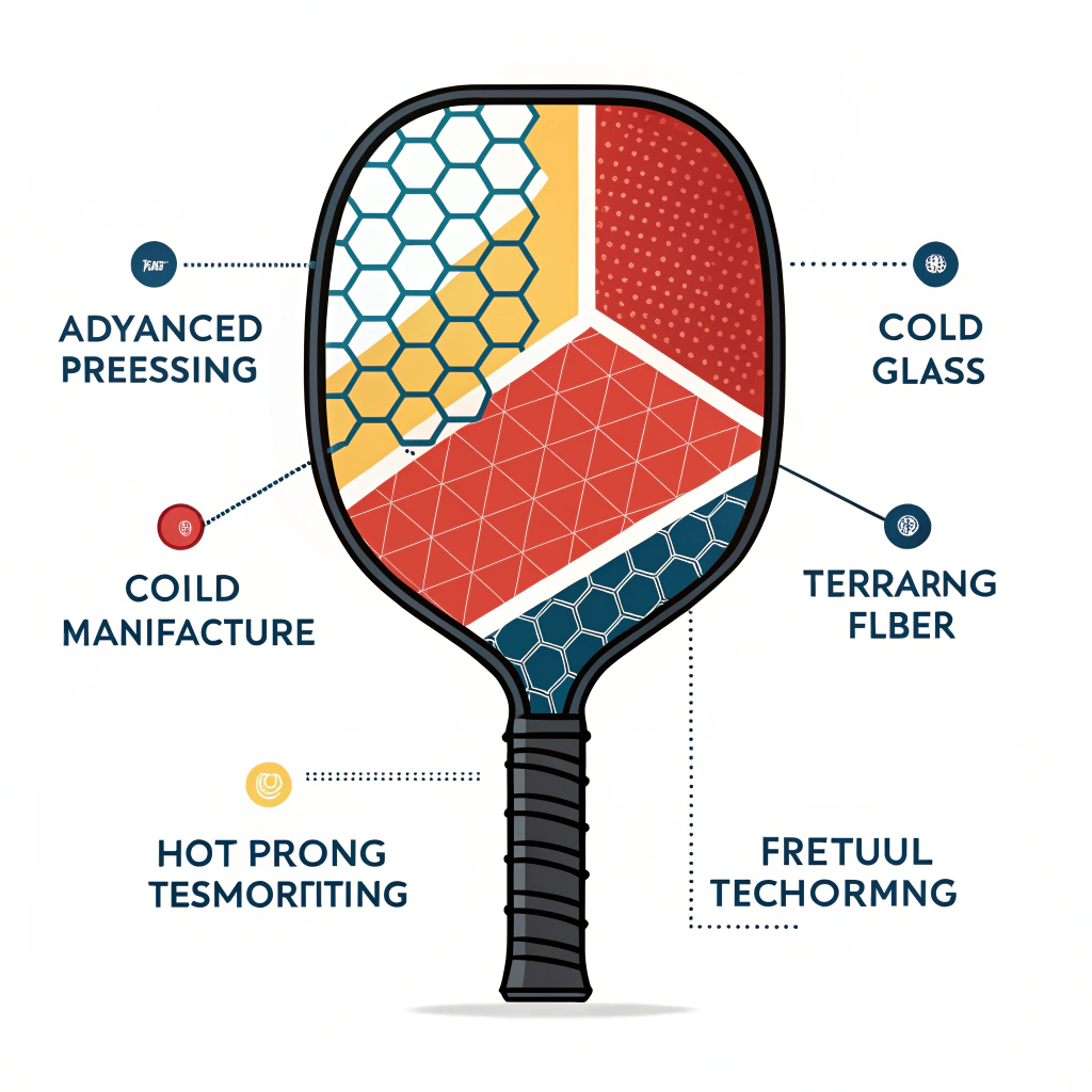 Minimalist 2D illustration showcasing a high-performance pickleball paddle with advanced production elements.