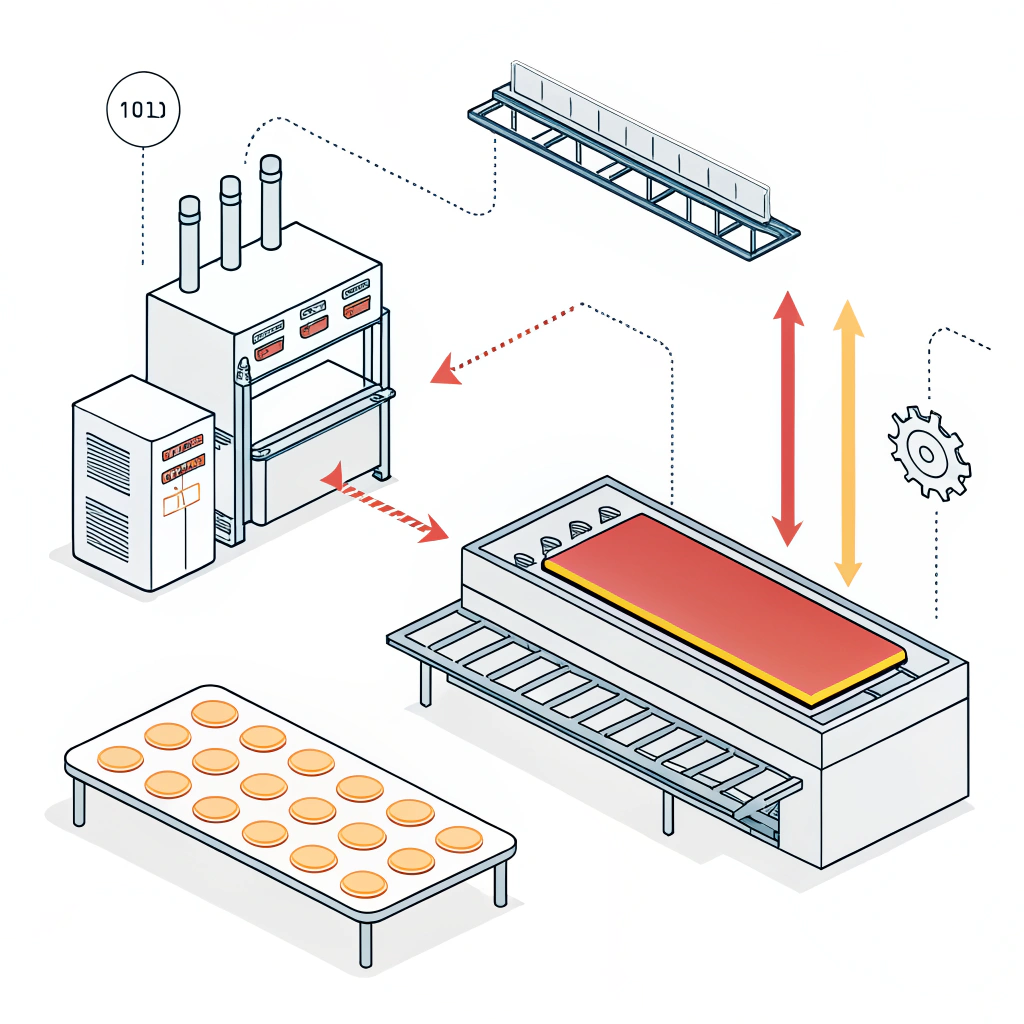 Minimalist 2D illustration of an industrial thermoforming process with abstract elements.