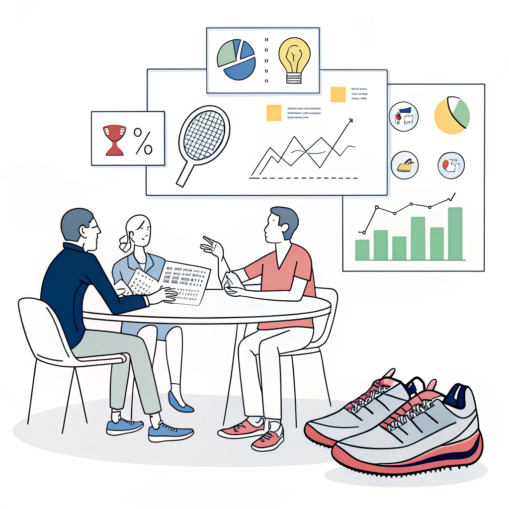 Minimal 2D illustration of a business meeting analyzing performance tests of tennis and pickleball shoes with simple charts.
