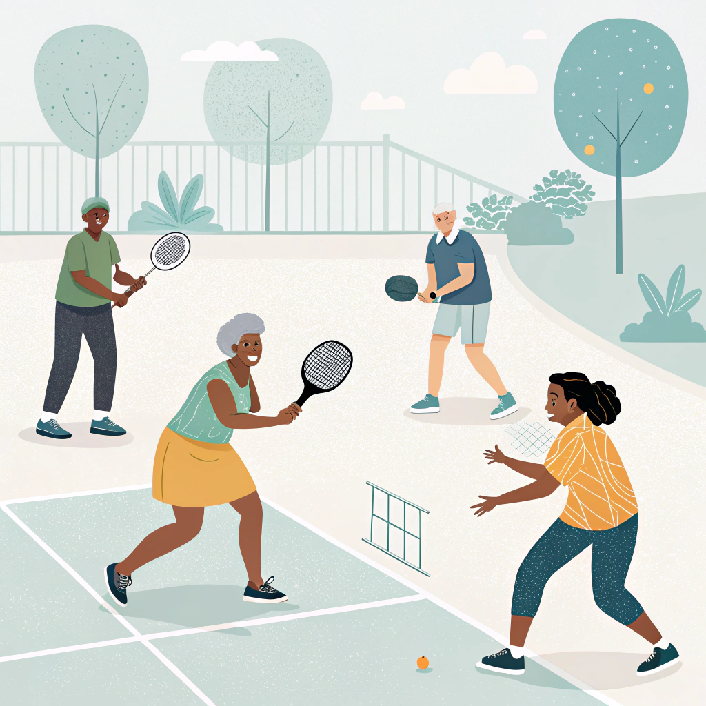 Simplistic flat illustration of social, active pickleball game and community engagement