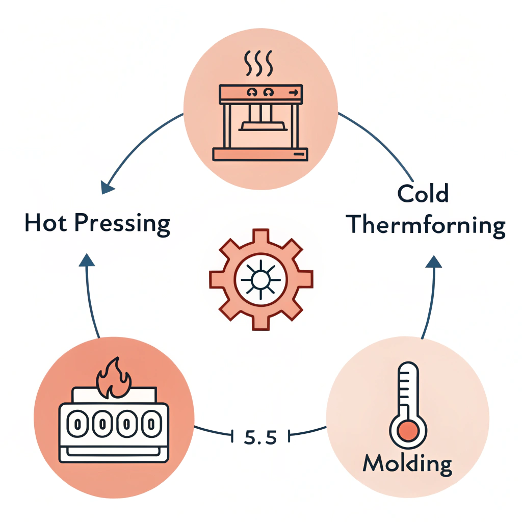 Minimalist 2D diagram showing abstract icons of hot pressing, cold pressing, and thermoforming.