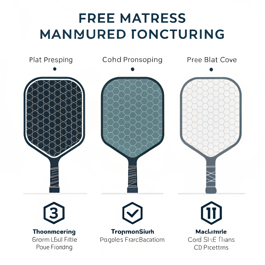 Minimalist 2D depiction of technical pickleball paddle manufacturing processes