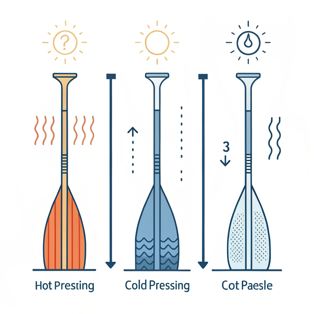 Simple flat icons showing hot pressing, cold pressing, and thermoforming methods