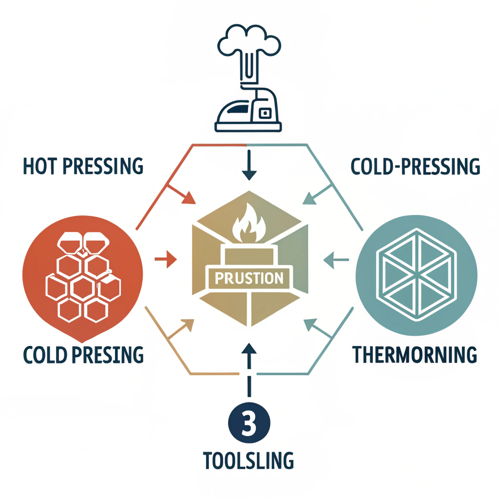 Simple 2D diagram comparing hot pressing, cold pressing, and thermoforming processes