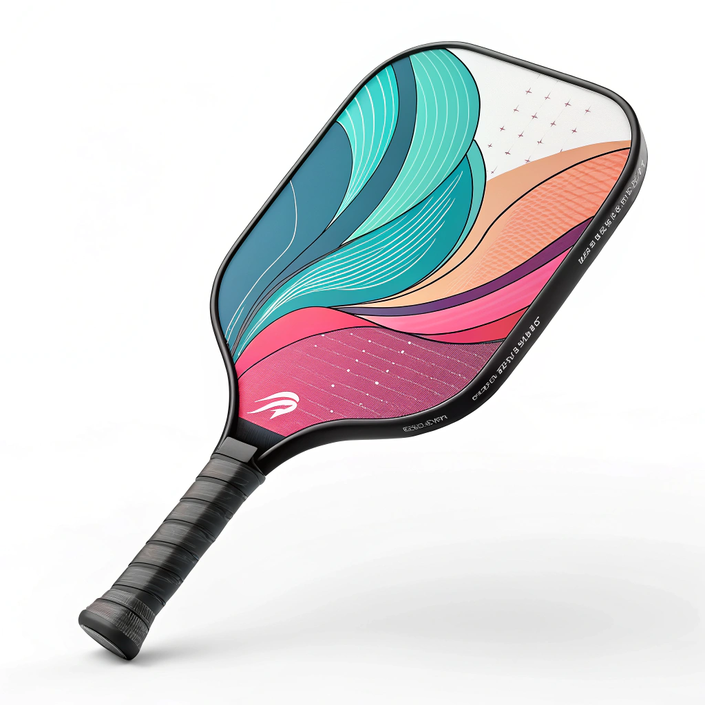 Minimalistic 2D illustration of a UV printed edgeless pickleball paddle with advanced design.