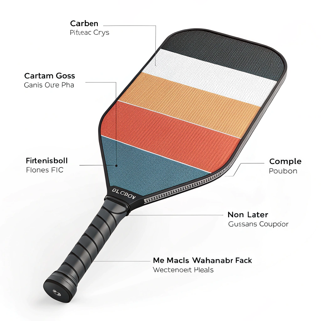 Simple deconstructed pickleball paddle illustration with distinct layered material sections in flat design.