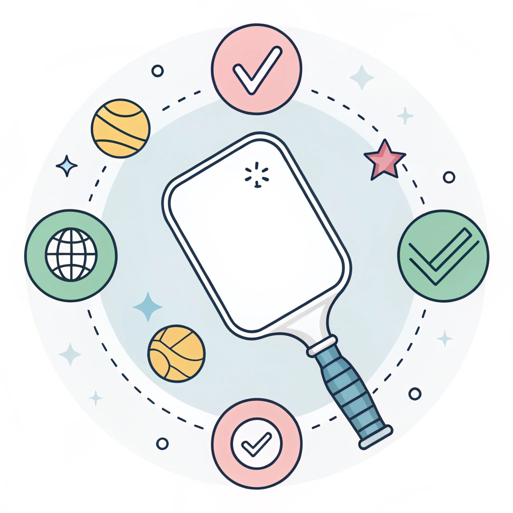 Minimalist illustration of a pickleball paddle with abstract quality testing symbols.