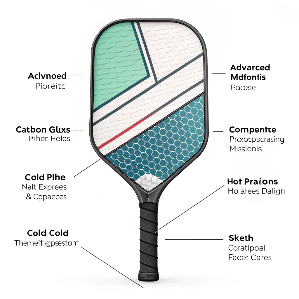 Minimalist illustration of a futuristic pickleball paddle with abstract material and process elements.